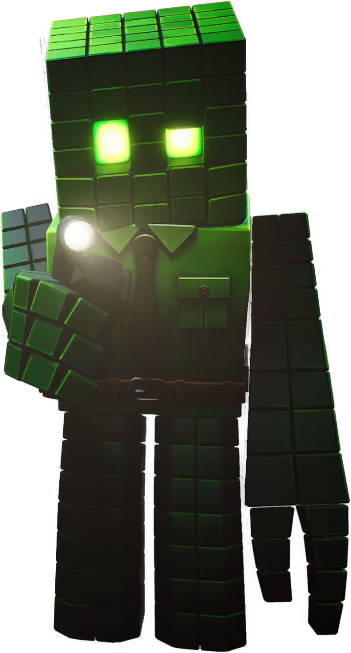 Block Keeper looks suspiciously at the camera and flashes a flashlight in the user’s face